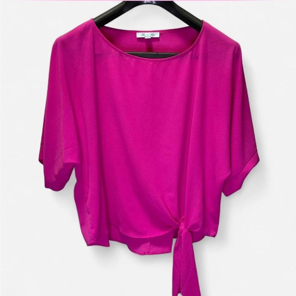 She + Sky Fuchsia Tie-Front Blouse Hot Pink Dolman Sleeve Size S Top - Picture 6 of 7